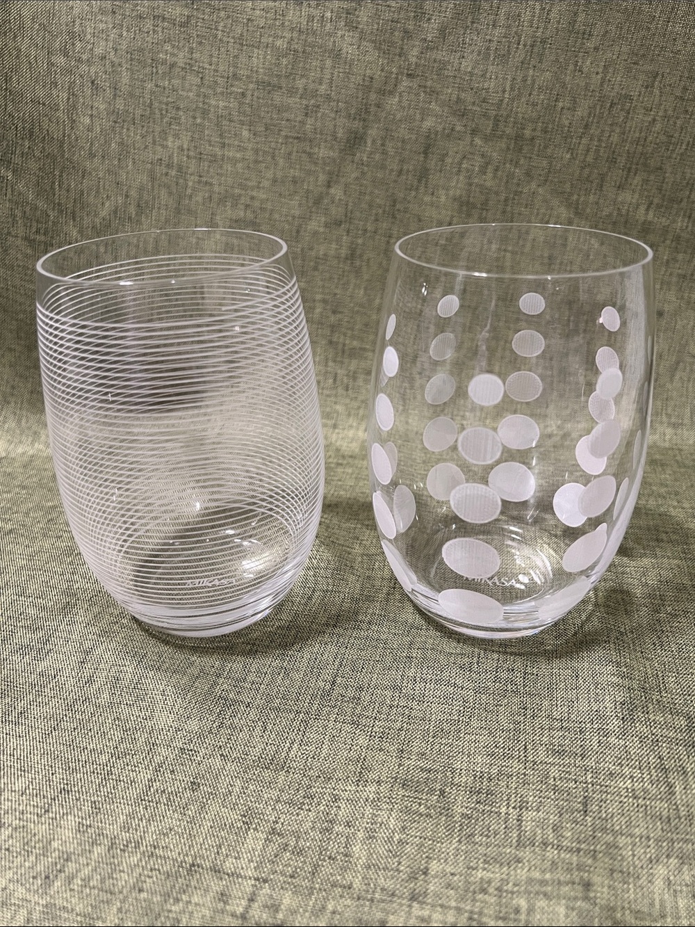 Mikasa Cheer Stemless Glasses with White Etched Line & Dot Motifs